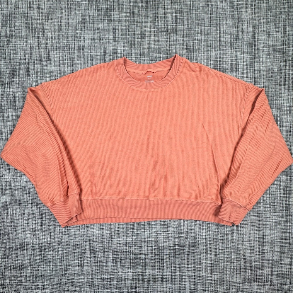 Aerie Women's Sweatshirt Ribbed Crewneck Pullover Orange Small Relaxed Cropped